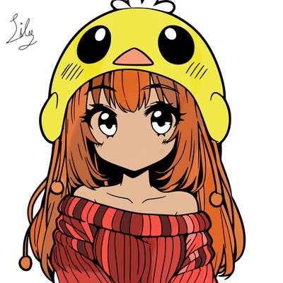 anime girl with chick shaped hat with sweater with bare shoulders with bangs covering them one eye with low tail