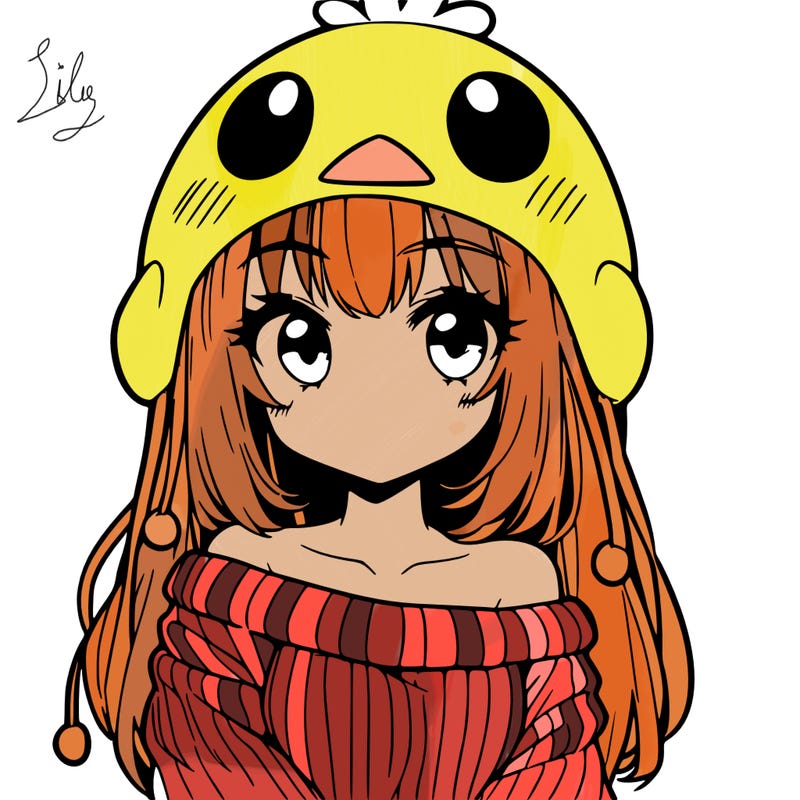 anime girl with chick shaped hat with sweater with bare shoulders with bangs covering them one eye with low tail