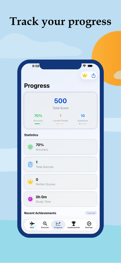 SkySpotter - SkySpotter app progress screen displaying aircraft quiz statistics including score and accuracy