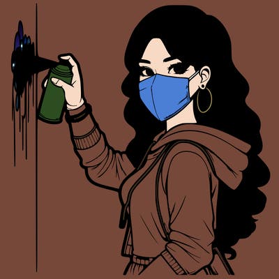 realistic girl with mask spray painting a wall