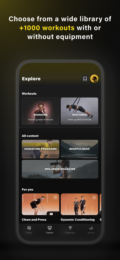 Technogym: Training & Gym app - Écran d'exploration de l'application Technogym présentant une bibliothèque de plus de 1000 entraînements et contenus de bien-être.