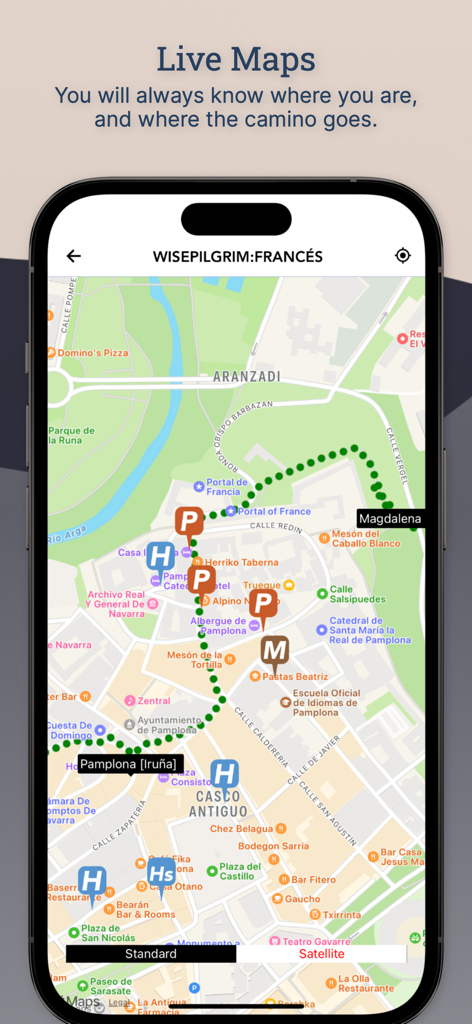 Wise Pilgrim All Caminos - Smartphone screen displaying a live map with the Camino de Santiago route and location icons.