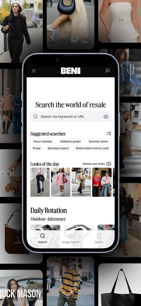 Beni app interface for searching secondhand fashion from multiple marketplaces