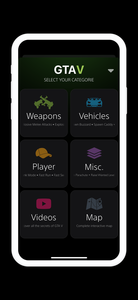 무기, 차량, 플레이어, 기타, 비디오 및 대화형 지도의 치트 카테고리를 보여주는 GTA V 치트 앱의 메인 메뉴 화면