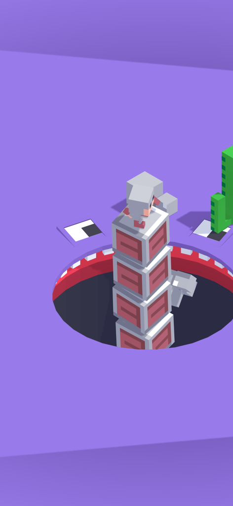 Gobble - Eat the World - A giant mouth in the purple ground swallowing a stack of pink blocks with a character on top in the Gobble arcade game.