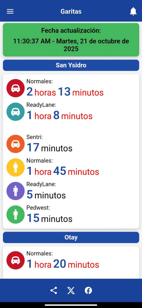 Real-time border crossing wait times for San Ysidro and Otay on the Radio Latina app.