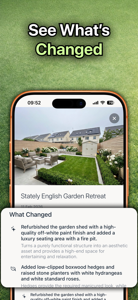 Scapes: AI Landscape Design - Interfaz de la aplicación Scapes que muestra un desglose detallado de los cambios de paisajismo para un diseño de jardín inglés