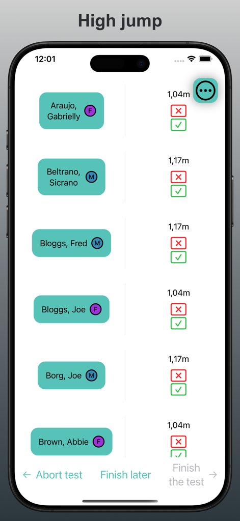 Seguimiento de los resultados de salto de altura para los estudiantes en la aplicación Sports Rating Tracker.