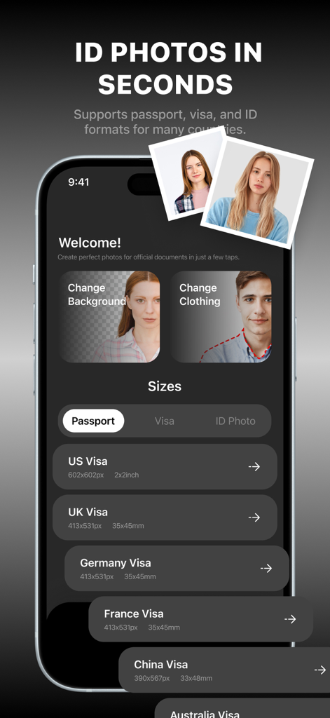 Passport & Visa Photo Maker ID - Interface of Passport and Visa Photo Maker ID app displaying various international visa photo sizes and editing tools
