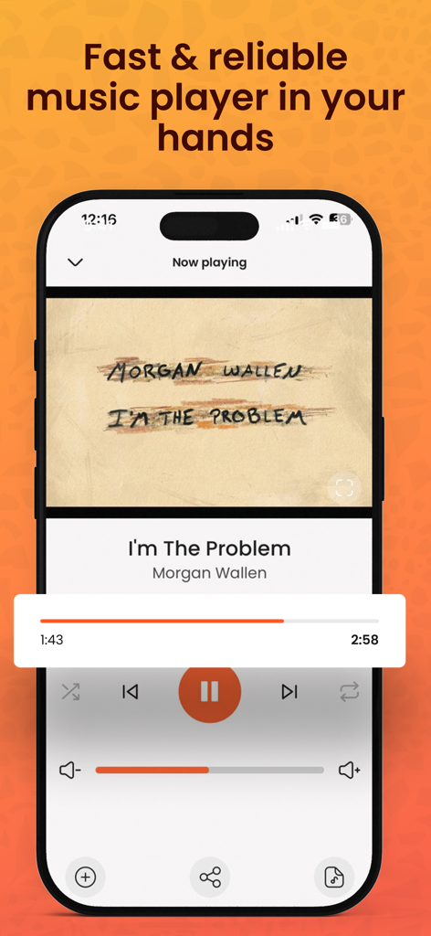 A minimalist music player interface showing a song playing with simple playback controls on an iPhone screen