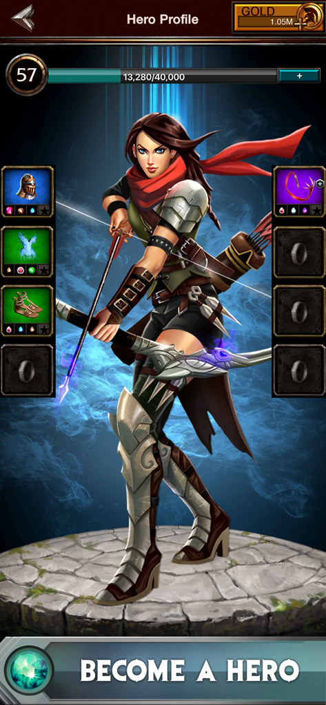Game of War Fire Age hero profile screen featuring a female archer with customizable gear and levels
