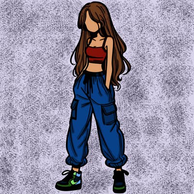 girl in baggy pants crop top and long hair