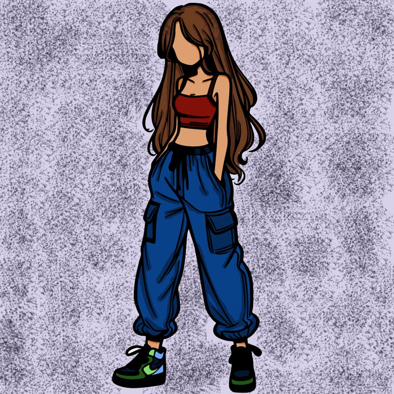 girl in baggy pants crop top and long hair