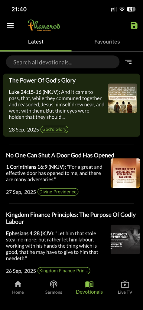 Phaneroo - Screenshot of the Phaneroo app's daily devotionals section showing titles like The Power Of God's Glory and Kingdom Finance Principles