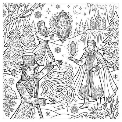 Step into a world of magic and wonder with this captivating coloring page featuring skilled illusionists performing dazzling feats. Set against a beautiful winter wonderland, this design promises a truly enchanting creative experience.