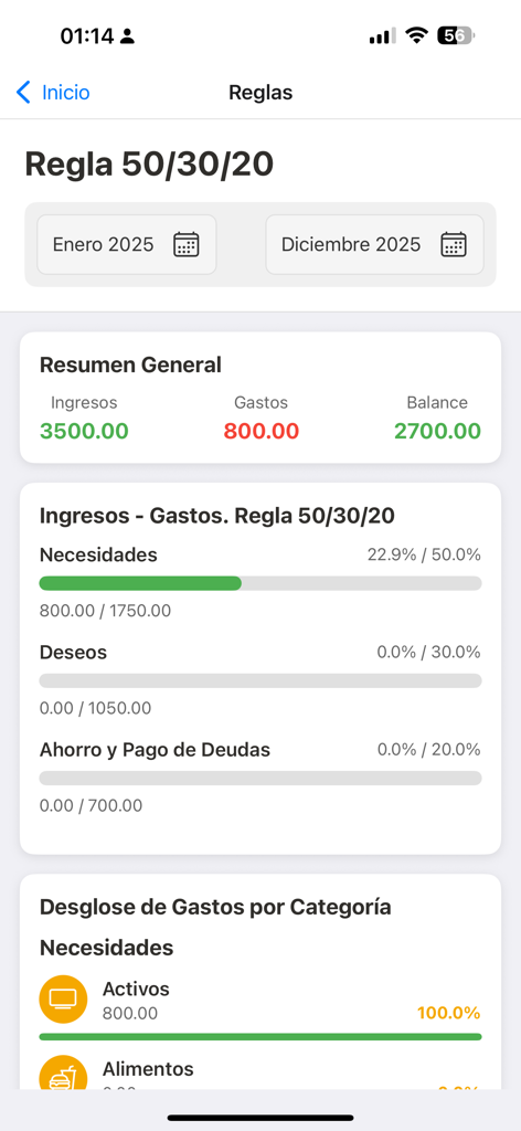 Family Finance 50/30/20 - Financial dashboard showing income and expenses with progress bars for the 50-30-20 budget rule.