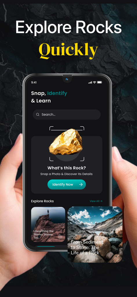 Smartphone screen showing the Rock and Stone Identifier app with an AI scanner identifying a gold mineral.