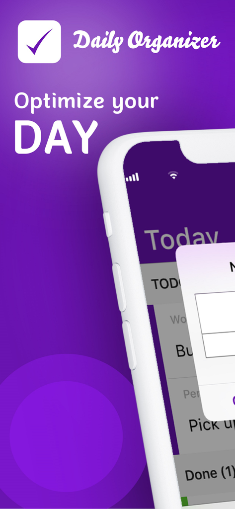 Task Manager: Daily To-Do - 「Optimize your DAY」というテキストと、紫色の背景にToDoリストが表示されたスマートフォンを示す、デイリーオーガナイザーアプリのプロモーション画面