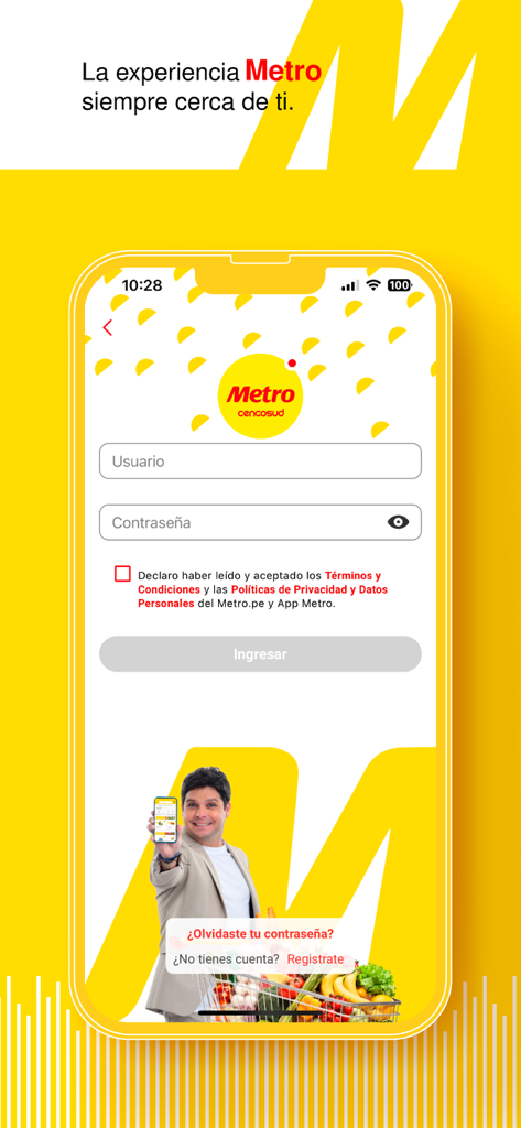 Supermercados Metro - Login screen of the Supermercados Metro mobile app with yellow branding and entry fields for username and password