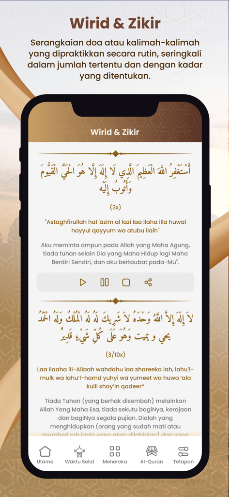 Waktu Solat Malaysia - Waktu Solat Malaysia app screen showing the Wirid and Zikir section with Arabic prayers and Malay translations