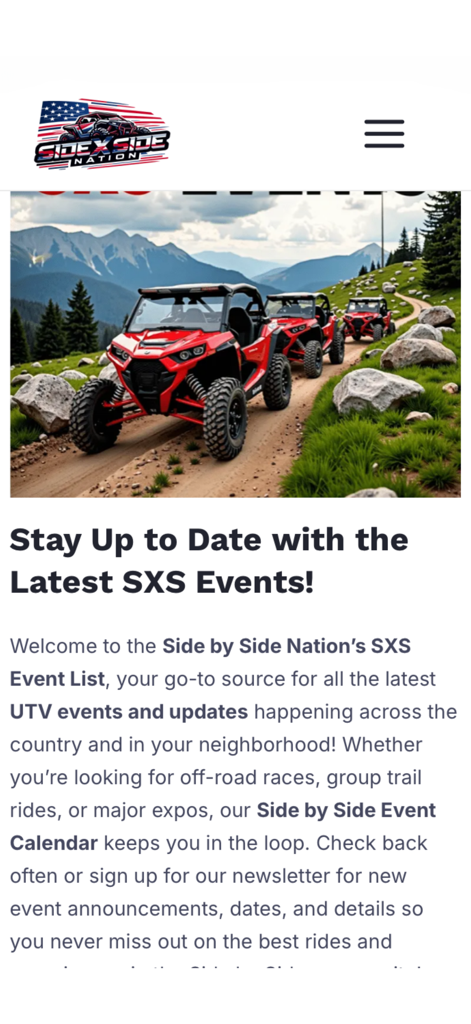 SXS Nation - SXS Nation app screenshot featuring a row of red side-by-side vehicles on a mountain trail with information about the SXS Event Calendar.