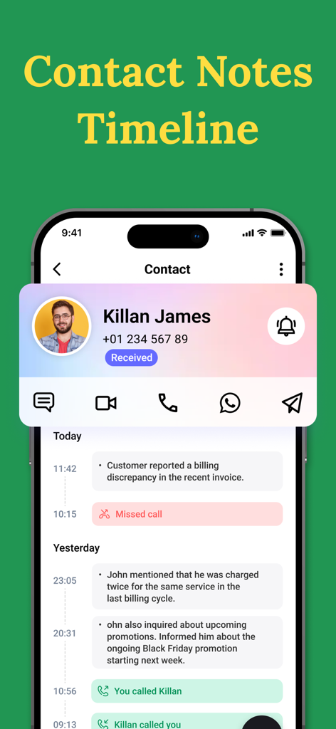 Pantalla de la aplicación móvil mostrando una línea de tiempo cronológica de notas de contacto e historial de llamadas