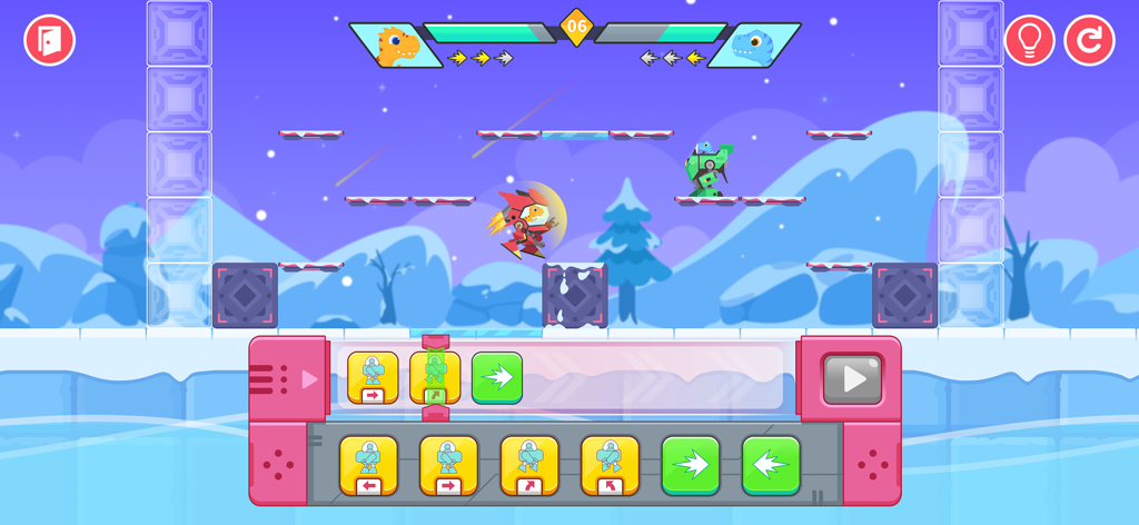 Ein Mecha-Kampf in einer verschneiten Arena, der eine visuelle Programmieroberfläche mit Drag-and-Drop-Blöcken für Kinder zeigt.