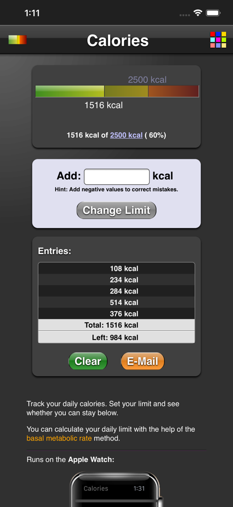 Calories - Interfaccia dell'app Calorie che mostra una barra di avanzamento dell'apporto giornaliero, un elenco di voci e un campo di immissione delle calorie