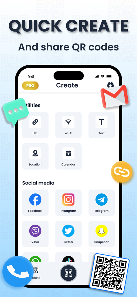 Interface d'une application mobile pour la création de codes QR personnalisés pour les réseaux sociaux et les utilitaires
