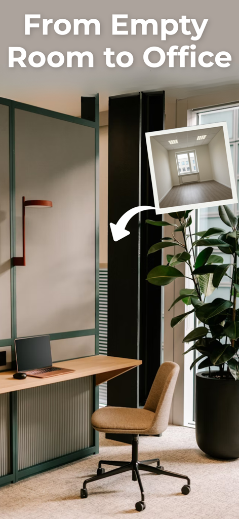 Office & Home Design Planner - Uma comparação antes e depois mostrando um cômodo vazio transformado em um escritório moderno com mesa, cadeira e uma planta grande.