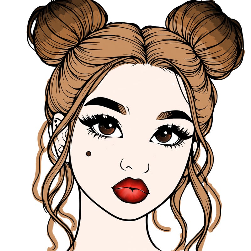 realistic girl with two buns on her hair and lips