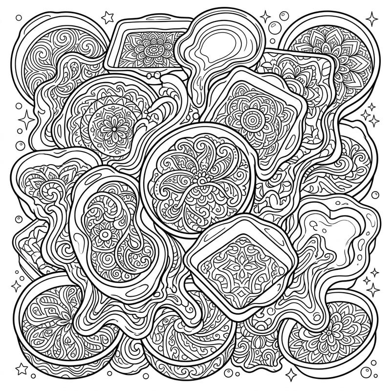 Unleash your inner artist with this mesmerizing psychedelic cake pans coloring page, where ordinary baking molds transform into a vibrant canvas. Lose yourself in the intricate details and flowing organic shapes, perfect for a relaxing and mind-bending creative escape.