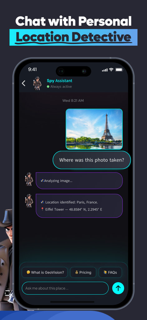 Smartphone screen showing the GeoAI app chat interface identifying the location of the Eiffel Tower from a photo