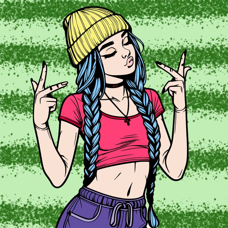realistic teenage girl with braids and a beanie and crop top doing 🫶🏼