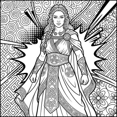 Discover a majestic Celtic Goddess rendered in a vibrant Pop Art style, ready for your creative touch. This unique coloring page combines ancient mythology with bold modern aesthetics, offering a captivating artistic experience.
