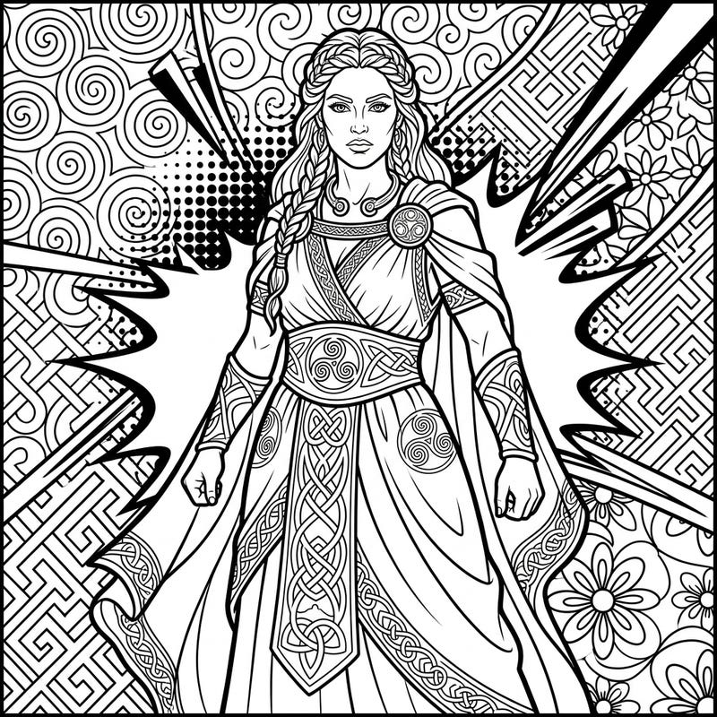 Discover a majestic Celtic Goddess rendered in a vibrant Pop Art style, ready for your creative touch. This unique coloring page combines ancient mythology with bold modern aesthetics, offering a captivating artistic experience.