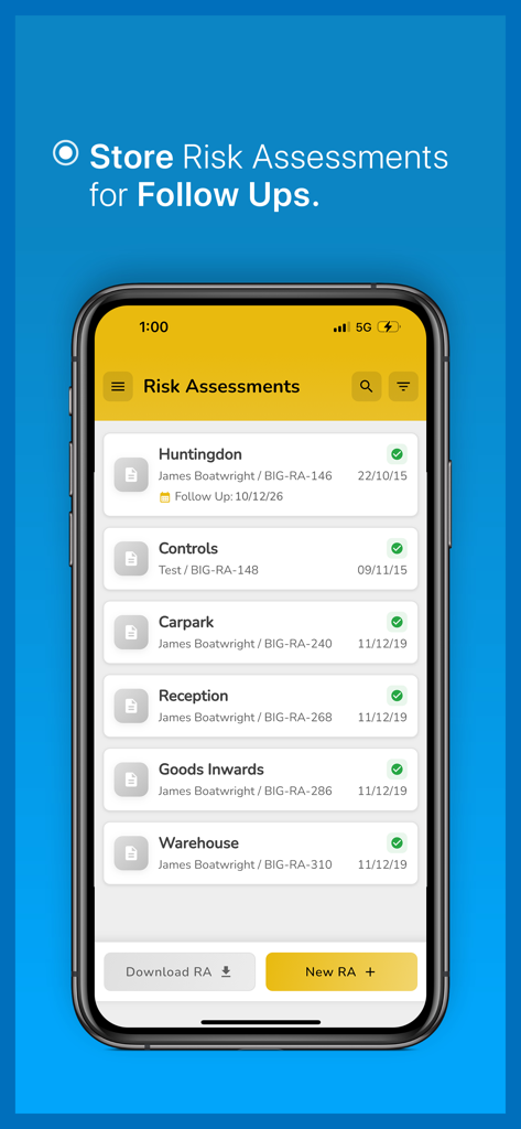 Risk Assessor Pro - List of workplace risk assessments on the Risk Assessor Pro mobile app.