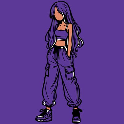 girl in baggy pants crop top and long hair