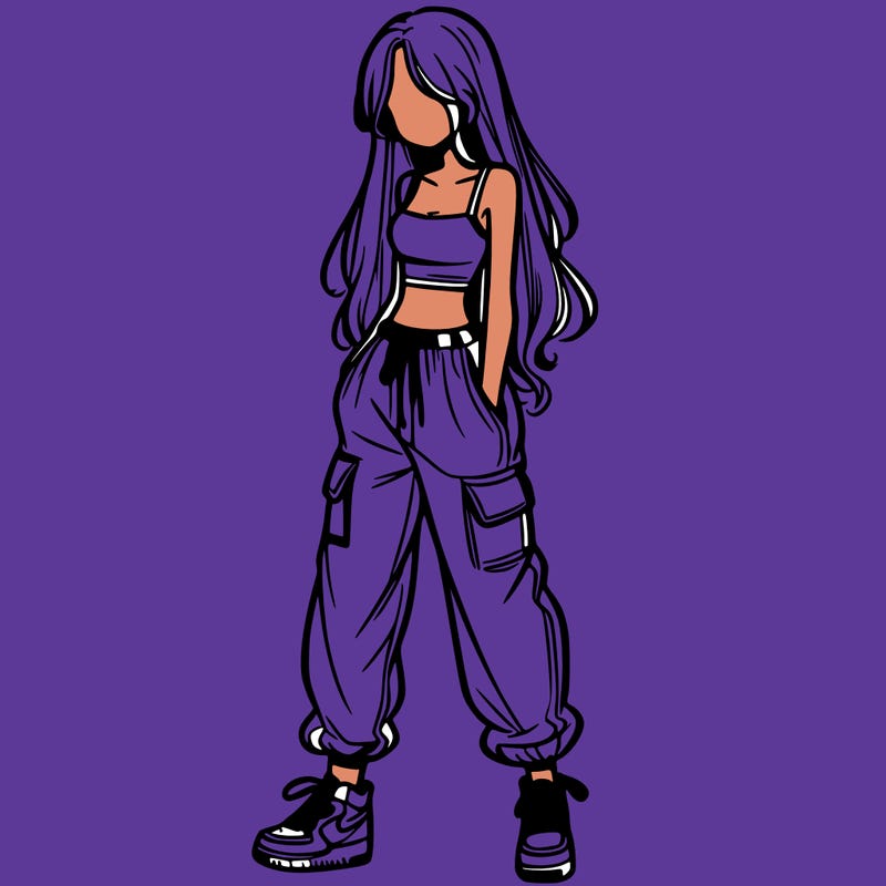 girl in baggy pants crop top and long hair