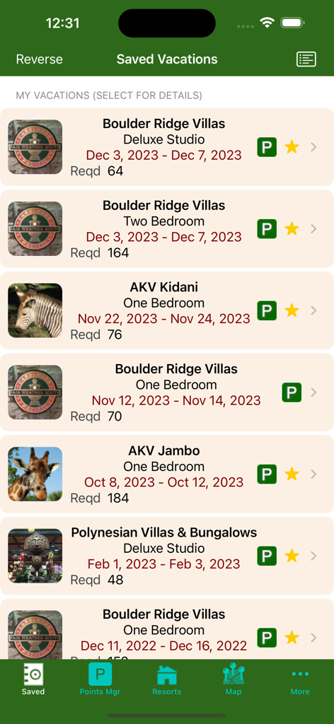 List of saved Disney Vacation Club trips with resort names and points required