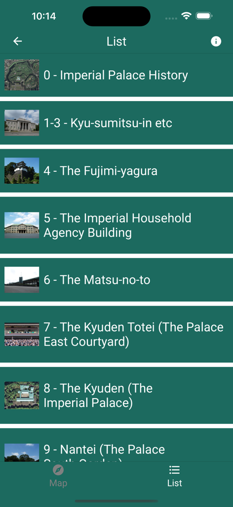 Imperial Palaces Guide - A list of numbered audio guide locations for the Tokyo Imperial Palace tour featuring historical buildings and gardens