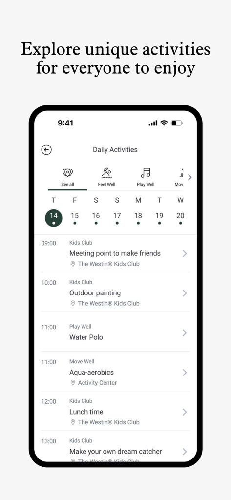 Marriott Experience app interface showing a list of daily resort activities.
