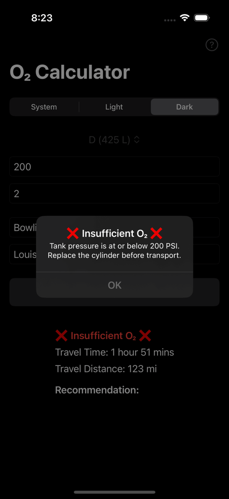 O2 Calculator Companion - O2 Calculator Companion app screen displaying an insufficient oxygen warning alert message