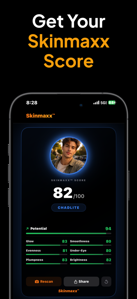 Skinmaxx - Get Scores & Ascend - Interface of the Skinmaxx app displaying an AI skin analysis score and detailed metrics for glow, smoothness, and evenness.