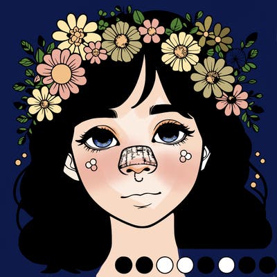 realistic girl with a nose and flowers