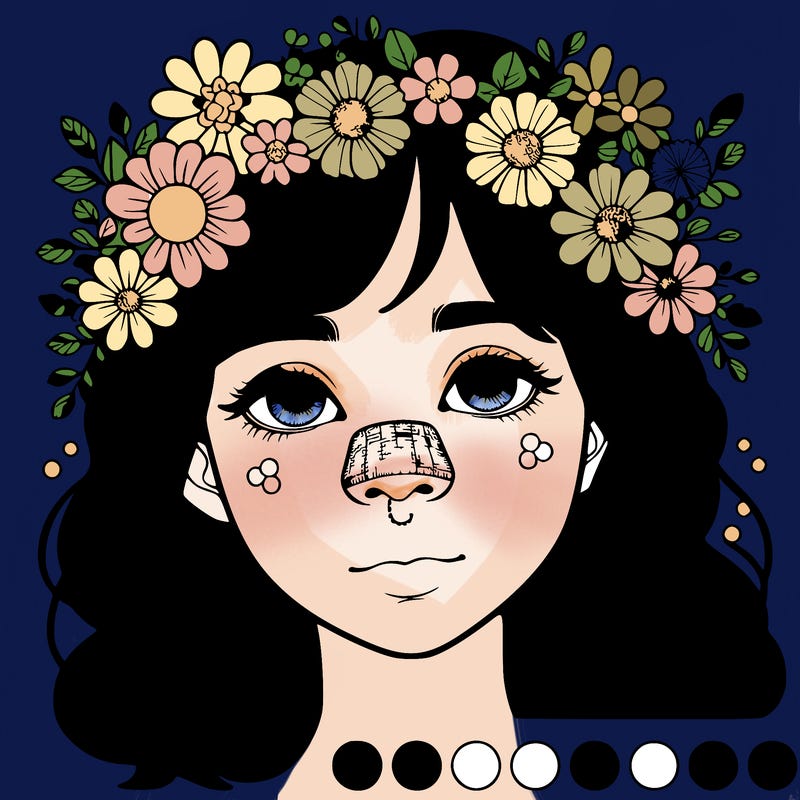 realistic girl with a nose and flowers