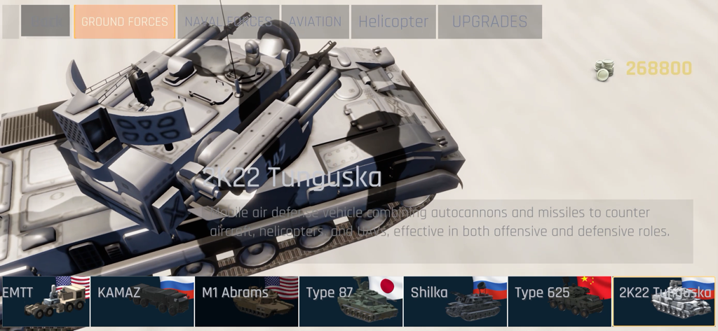 A 2K22 Tunguska mobile air defense vehicle selected in the C-RAM CIWS Simulator ground forces menu