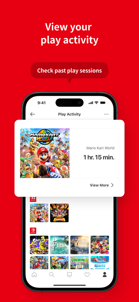 Nintendo Store - Nintendo Store app screen showing user play activity for Mario Kart World and other games