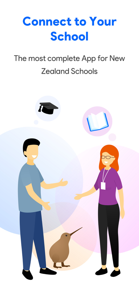 SchoolBridge - SchoolBridge app intro screen featuring people and a kiwi bird representing the school community in New Zealand