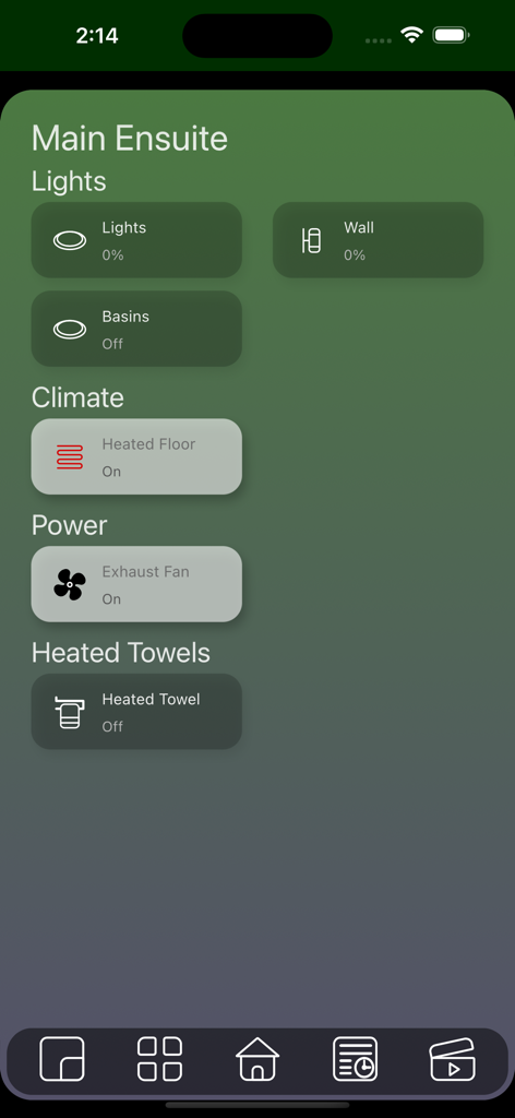 CTC SpaceLogic - CTC SpaceLogic app interface displaying smart home controls for a main ensuite including lighting climate and power settings